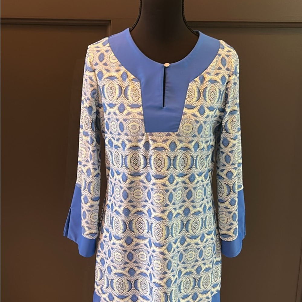 Cabana Life Blue and White Long Sleeve Patterned Shift Dress